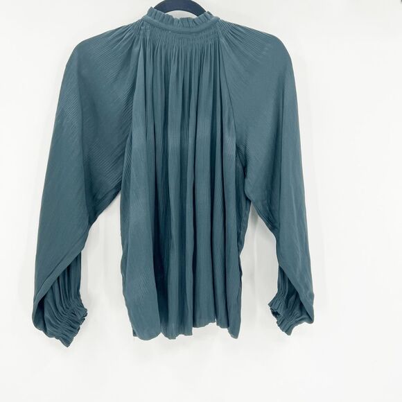 Taroo Mock Neck Blouse Top Womens‎ Size M Green Ruffle Tie Long Sleeve Flowy - Picture 2 of 6
